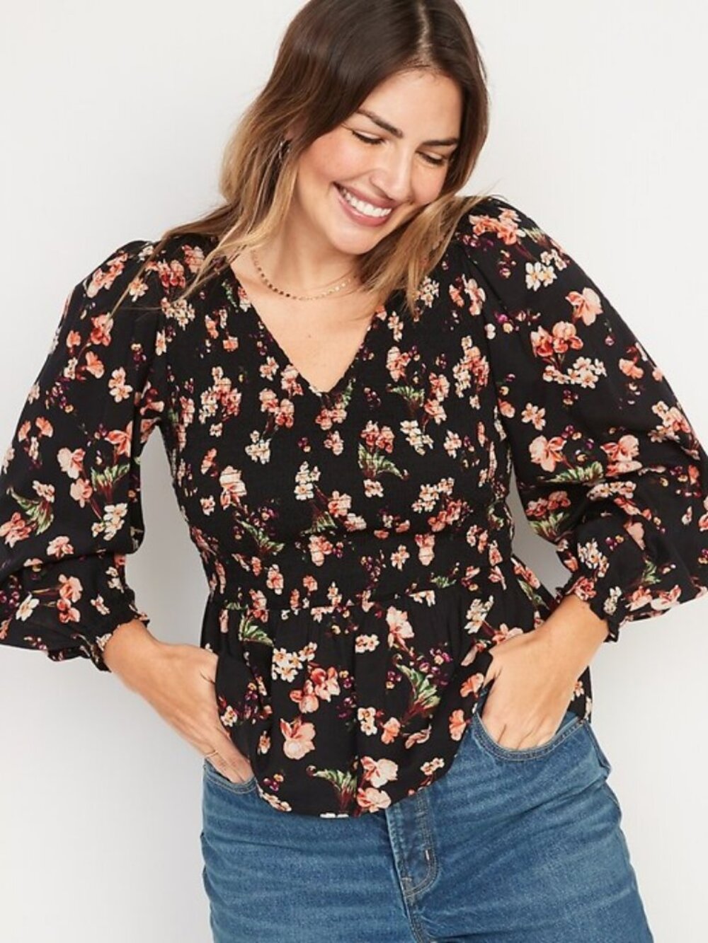 Old Navy Dark Floral Smocked Long Sleeve V Neck Blouse Black Size XL